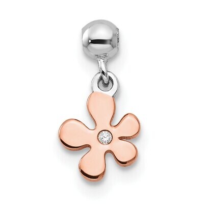 CZ Diamond Flower Charm Sterling Silver Rhodium &amp; Rose Tone QMM118, MPN: QMM118,