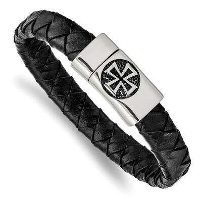 Polished Cross Black Leather 8.5 Inch Bracelet Stainless Steel Antiqued SRB2449-8.5, MPN: SRB2449-8…