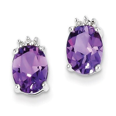 Oval Amethyst &amp; Diamond Post Earrings Sterling Silver Rhodium QDX368, MPN: QDX368, 883957496092