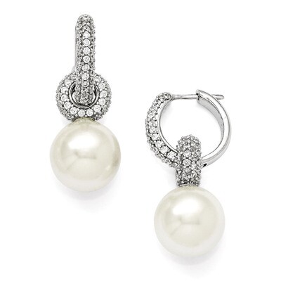 12-13Mm White Shell Bead &amp; CZ Hoop Earrings Sterling Silver QMJE122W, MPN: QMJE122W, 886774293745