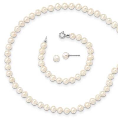 4-5mm Freshwater Cultured Pearl Neck Bracelet 5mm Ear Sterling Silver Rhodium Plated QG5616SET by M…