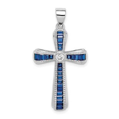 Synthetic Blue Spinel Cross Pendant Sterling Silver Rhodium-plated CZ Diamond QC9398, MPN: QC9398, …