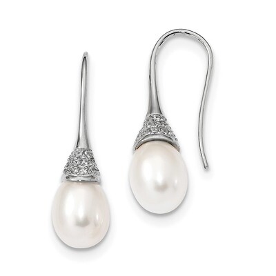9-10mm Rice Cultured Freshwater Pearl CZ Diamond Dangle Earrings Sterling Silver Rhodium-plated QE1…