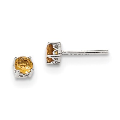 4mm Round Citrine Post Earrings Sterling Silver Rhodium-plated QBE26NOV, MPN: QBE26NOV, 191101048623
