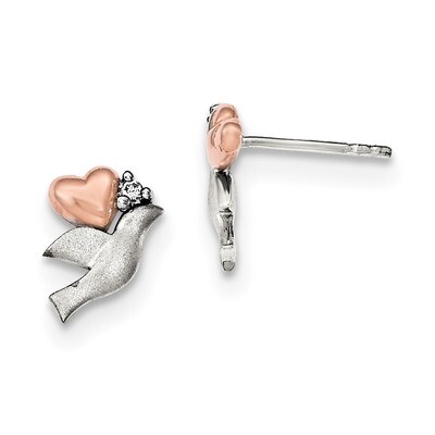 CZ Diamond Rose Plated Heart Satin Dove Post Earrings Sterling Silver QE12418, MPN: QE12418, 883957…