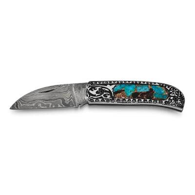 Damascus Steel 256 Layer Folding Blade Turquoise Handle Knife KN3232, MPN: KN3232, 191101910647