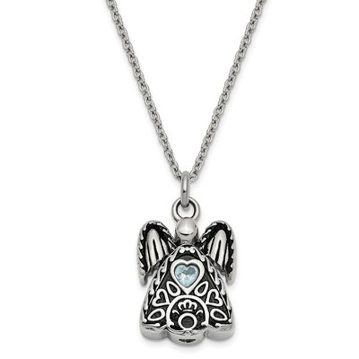 March Birth Stone Ash Holder Birth Stone 18 Inch Necklace Stainless Steel CZ Diamond Antiqued SSX10…