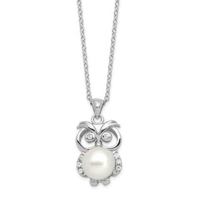CZ Diamond 8-9mm White Button Cultured Freshwater Pearl Owl Necklace Sterling Silver Rhodium-plated…