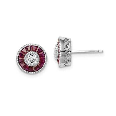 Created Ruby Halo Post Earrings Sterling Silver Rhodium-plated CZ Diamond QE14267, MPN: QE14267, 88…