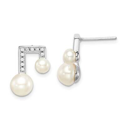 6-7mm White Button Freshwater Cultured Pearl CZ Diamond Earrings Sterling Silver Rhodium Plated QE1…