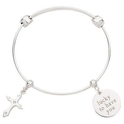 Nikki Lissoni Charm Bangle with Two Fixed Charms Cross Lucky To Have You Silver-plated 19cm B1159S1…