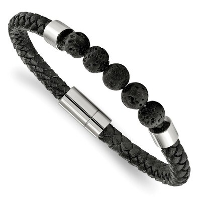 Black Leather with Lava Stones 8.75 inch Bracelet Stainless Steel Polished SRB1944-8.75 by Chisel, …