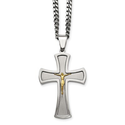 Yellow IP-plated Crucifix Necklace Stainless Steel Brushed and Polished SRN2051-24 by Chisel, MPN: …