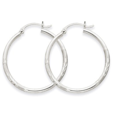 Satin &amp; Diamond-cut 2mm Round Hoop Earrings 14k White Gold TC196, MPN: TC196, 883957288734