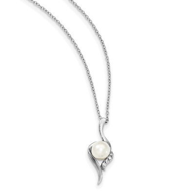 6-7mm White Cultured Freshwater Pearl CZ Diamond Necklace 17 Inch Sterling Silver Rhodium-plated QG…