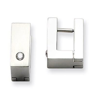 Synthetic Diamond Brushed &amp; Polished Square Hinged Hoop Earrings - Stainless Steel SRE366 by Chisel…