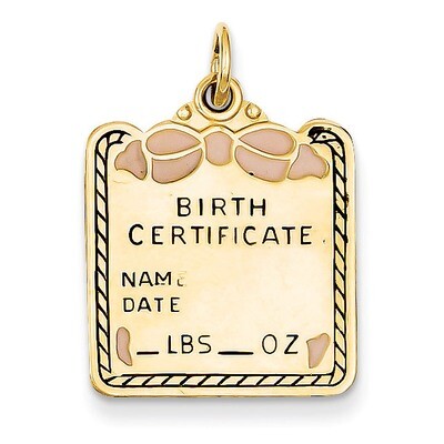 Enameled Pink Engravable Birth Certificate Charm 14k Gold A0364/P, MPN: A0364/P, 883957852911