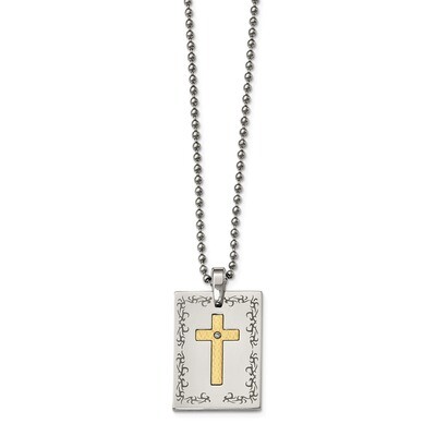 18k Polished Laser Etched Square Cross Diamond Necklace Stainless Steel SRN2133-24 by Chisel, MPN: …