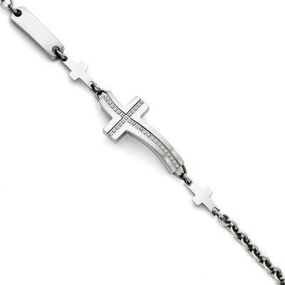 Wavy Diamond CZ Sideways Cross Bracelet Stainless Steel Polished SRB1303 by Chisel, MPN: SRB1303, 1…