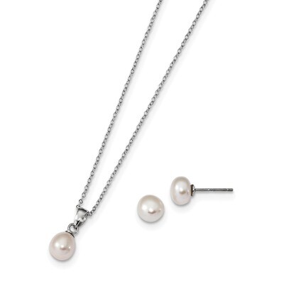 Sterling Silver RH6.7mm White Cultured Freshwater Pearl Earring and Necklace Set Sterling Silver Rh…