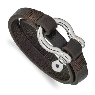Brown Leather 16 Inch Wrap Shackle Bracelet Stainless Steel Polished SRB2466, MPN: SRB2466, 1911018…