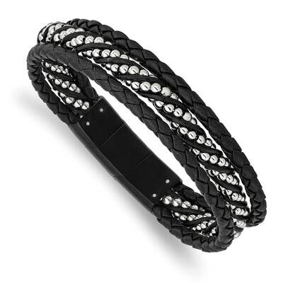 Polished Black Ip Leather with .5 Inch Extender 8 Inch Bracelet Stainless Steel Brushed SRB2993-8, …