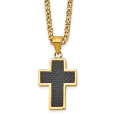 Yellow Ip with Carbon Fiber Inlay Cross 24 Inch Necklace Stainless Steel Polished SRN2807-24 by Chi…