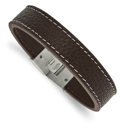 Brown Leather Bracelet Stainless Steel Polished SRB1440-8 by Chisel, MPN: SRB1440-8, 886774672731