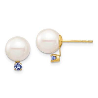 8-8.5mm White Round Freshwater Cultured Pearl Tanzanite Post Earrings 14k Gold XF754E_TZ, MPN: XF75…