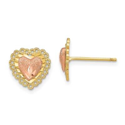 Heart with Lace Trim Post Earrings 14k Two-tone Gold Diamond-cut TE889, MPN: TE889, 637218108251