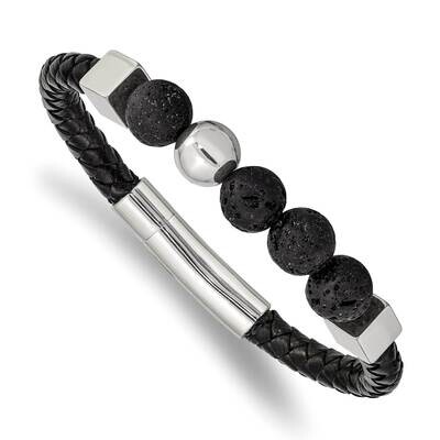 Lava Stone Black Leather 8 Inch Bracelet Stainless Steel Polished SRB2484-8, MPN: SRB2484-8, 191101…