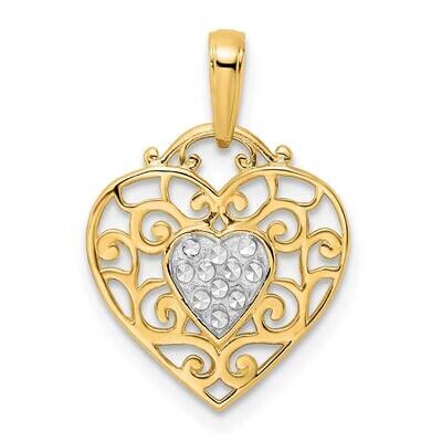 Filigree Heart Pendant 14k Gold and White Rhodium Diamond-Cut M3006, MPN: M3006,