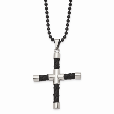 Black Leather &amp; Polished Black IP-plated Cross Necklace Stainless Steel SRN835-24 by Chisel, MPN: S…