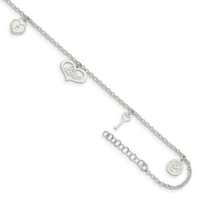 Love Themed Dangles with 1 inch Extender Anklet Sterling Silver QG4729-9, MPN: QG4729-9, 8867741032…