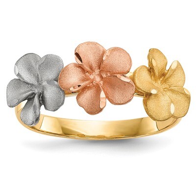 White Rhodium Satin Diamond -cut 3-Plumerias Ring 14k Two-Tone Gold R633, MPN: R633, 883957768915
