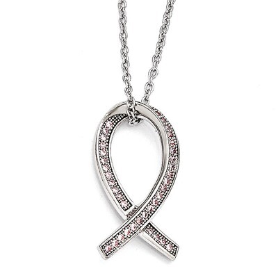 Awareness Ribbon Necklace Sterling Silver &amp; Cubic Zirconia Polished QMP1124-18, MPN: QMP1124-18, 88…