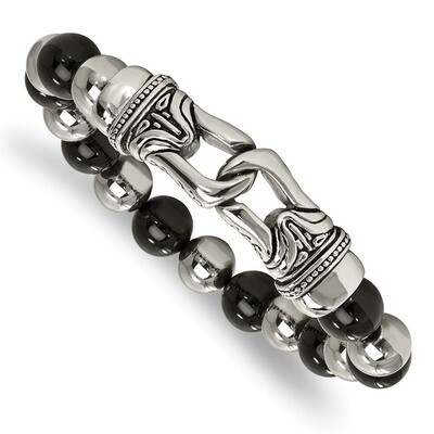 Black Agate Stretch Bracelet Stainless Steel Polished Antiqued SRB2020 by Chisel, MPN: SRB2020, 191…