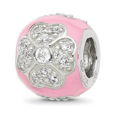 CZ Pink Enameled Round Floral Bead Sterling Silver QRS4343, MPN: QRS4343,