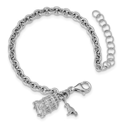 Leslie&#39;s Bird &amp; Bird Cage with 2 inch Extender Bracelet 7 Inch Sterling Silver Rhodium HB-QLF922-7,…