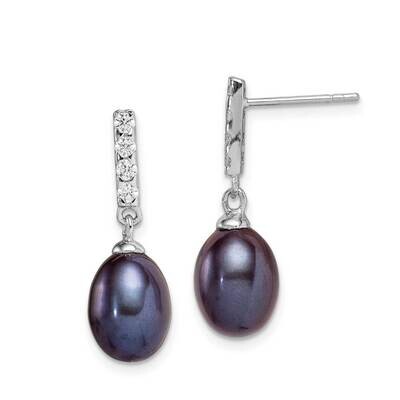 8-9mm Black Freshwater Cultured Pearl CZ Diamond Post Dangle Earrings Sterling Silver Rhodium Plate…