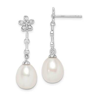 8-9mm White Rice Freshwater Cultured Pearl CZ Diamond Earrings Sterling Silver Rhodium Plated QE152…