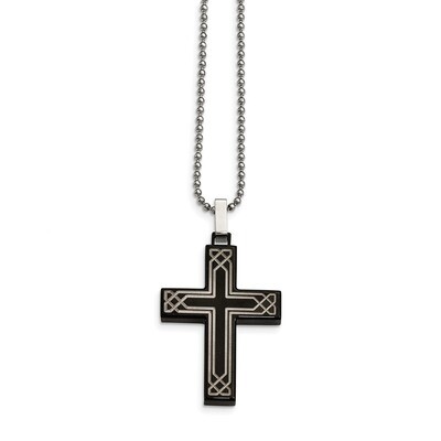 Laser Etched Black IP Cross Necklace Stainless Steel Polished SRN2040-24 by Chisel, MPN: SRN2040-24…