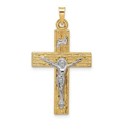 Wood Texture Solid Inri Crucifix Pendant 14k Two-Tone Gold Polished XR2034, MPN: XR2034,