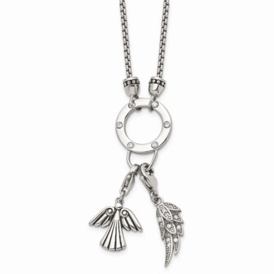 Feather &amp; Angel CZ Stone Stone Charms 2 Inch Extension Necklace Stainless Steel Polished SRN1517-17…