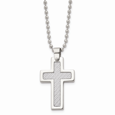 Grey Carbon Fiber Inlay Cross 22 Inch Necklace Stainless Steel Polished SRN101-22 by Chisel, MPN: S…