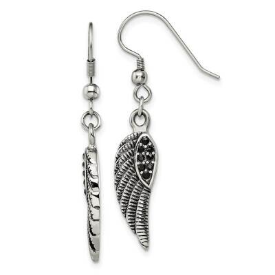 Polished with Black Crystal Wings Dangle Earrings Stainless Steel Antiqued SRE1391, MPN: SRE1391, 1…