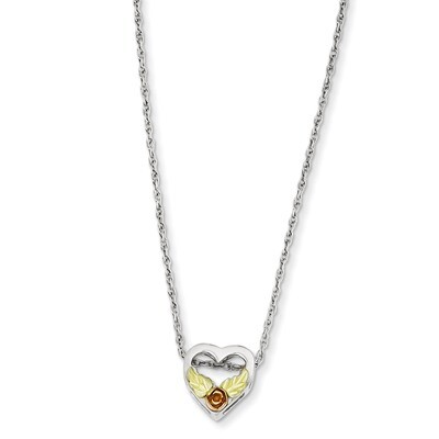 Sterling Silver &amp; 12K Rose and Leaves Floating Heart Necklace QBH183-18