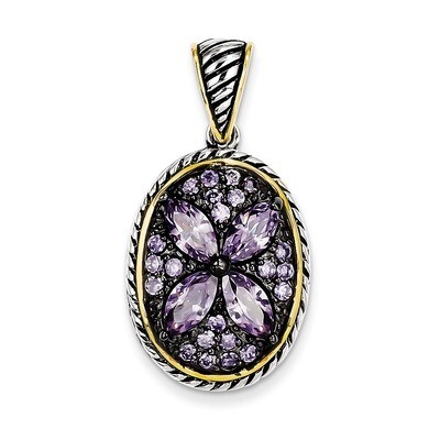 Sterling Silver Flash Gold Plated Antiqued Flower Diamond Pendant QP2883
