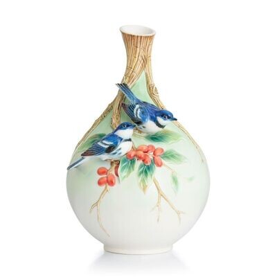 Franz Porcelain Cerulean Warblers On Coffee Tree Mid Size Vase FZ02877, MPN: FZ02877,
