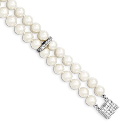 7-8mm White Cultured Freshwater Pearl 2-Strand CZ Diamond Fancy Bracelet 7 Inch Sterling Silver Rho…